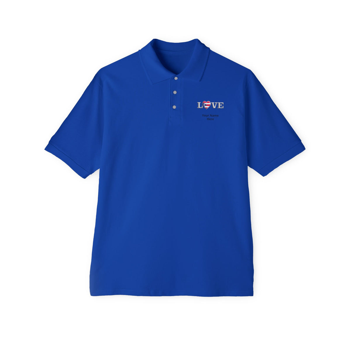 Men's Piqué Polo Shirt— Small Chest 'LOVE' Heart Graphic Polo Shirt