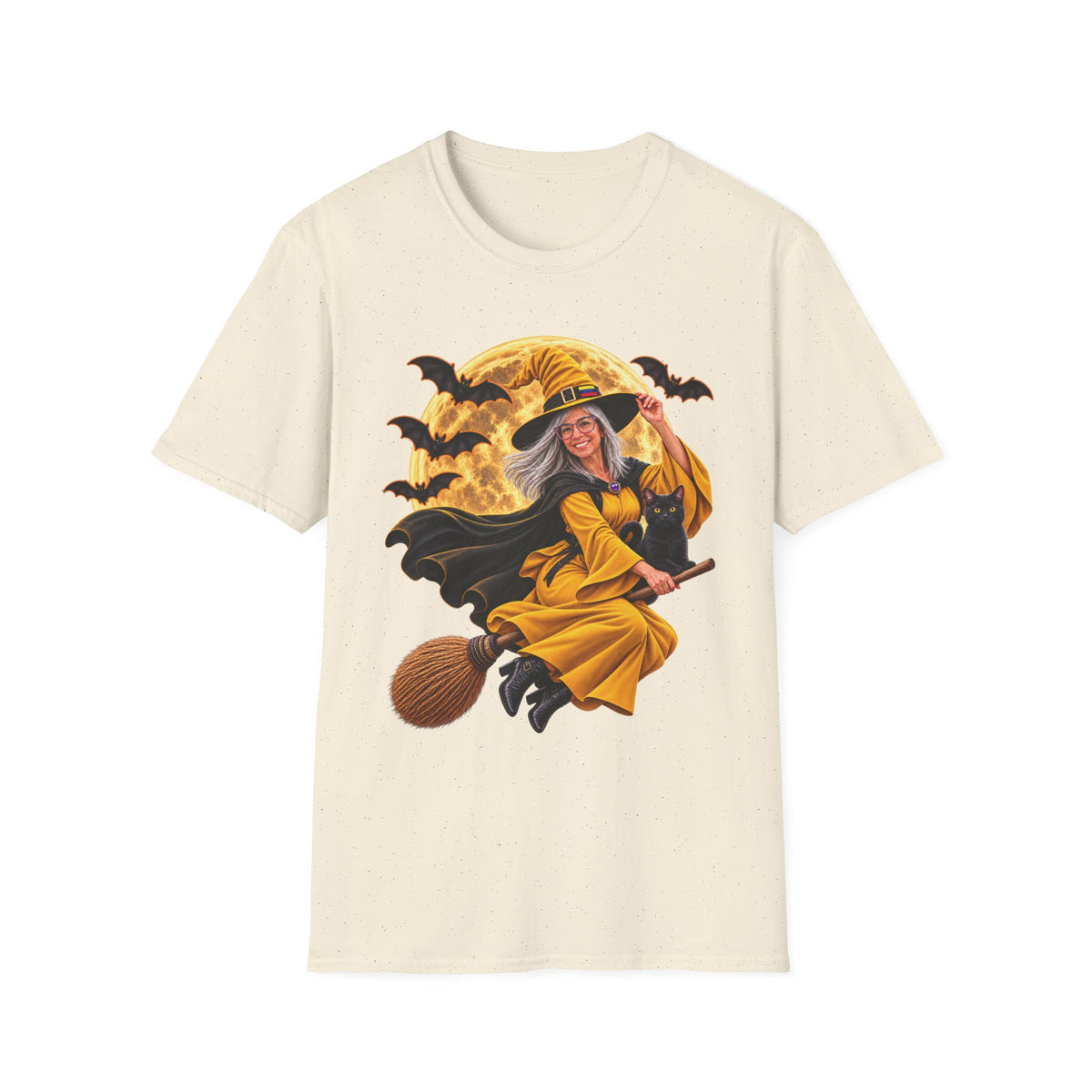 Halloween Flying Witch on Broom with Full Moon & Bats Gildan T-Shirt