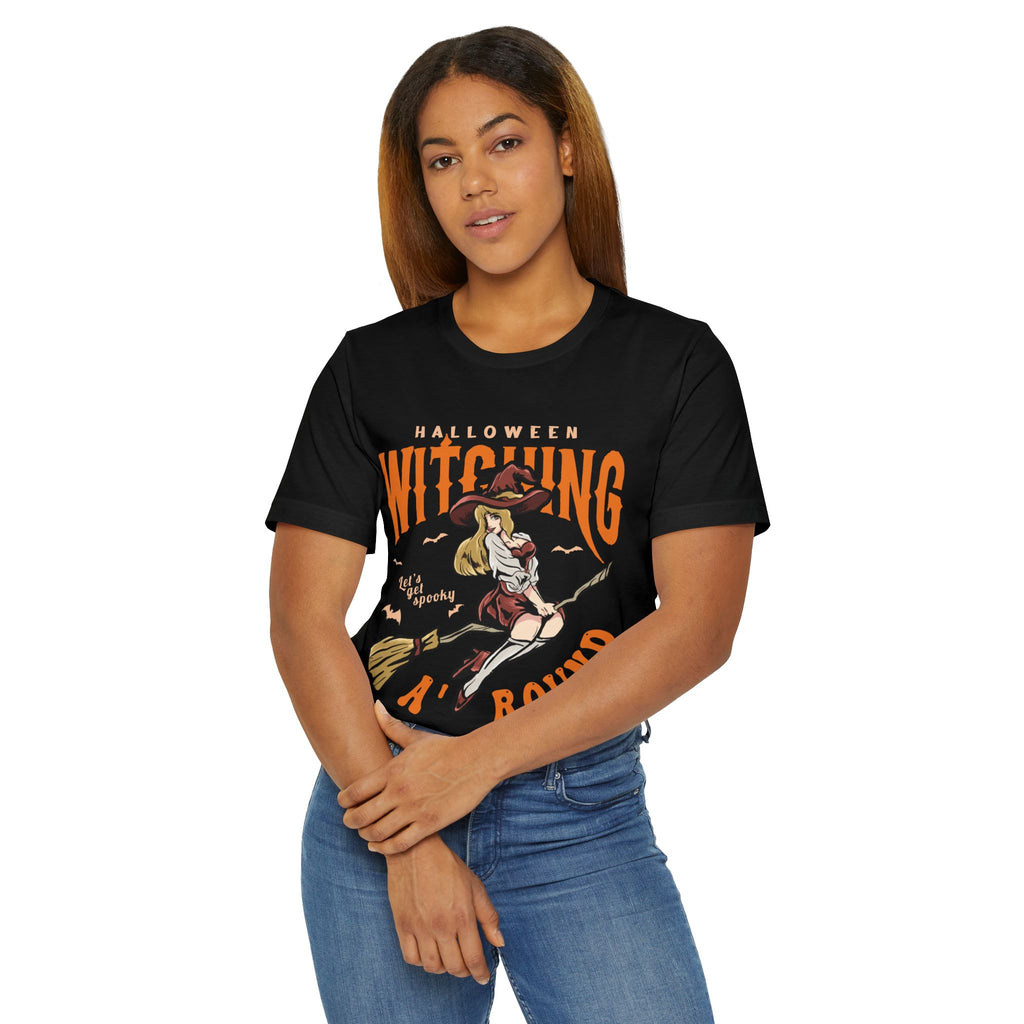 Witching Around Halloween T‑Shirt — Vintage Pinup Witch on Broom