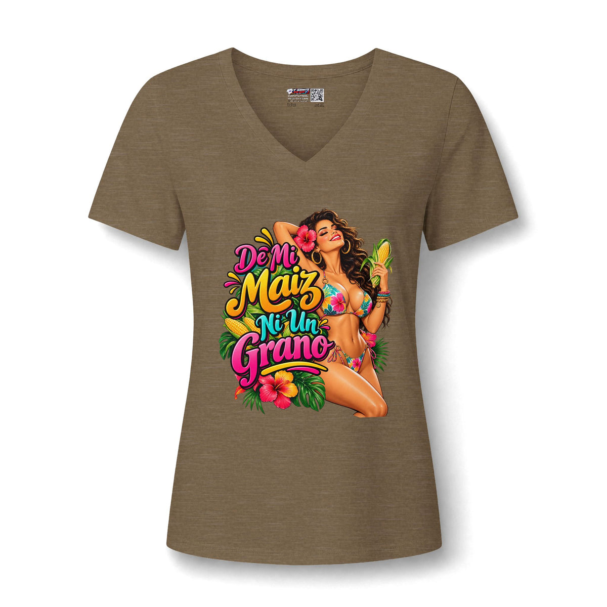 V-Neck T-Shirt — 'De Mi Maíz Ni Un Grano' Tropical Pin-Up Graphic