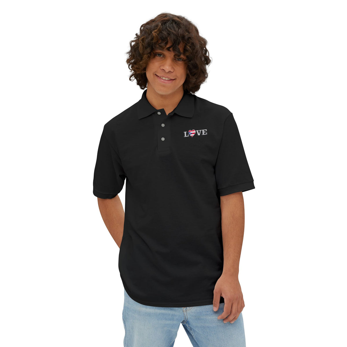 Men's Piqué Polo Shirt— Small Chest 'LOVE' Heart Graphic Polo Shirt