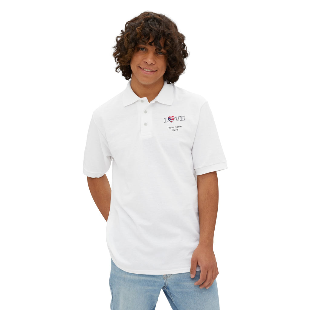 Men's Piqué Polo Shirt— Small Chest 'LOVE' Heart Graphic Polo Shirt
