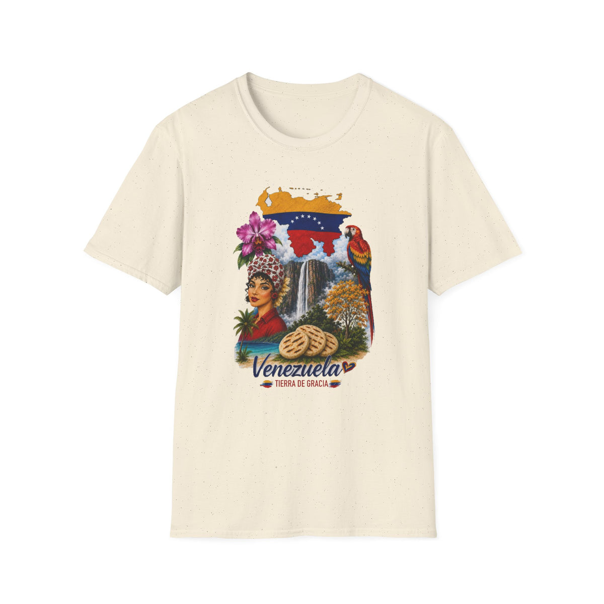 Camiseta vintage Gildan de Venezuela con diseño retro de arepa, Salto Ángel y flores