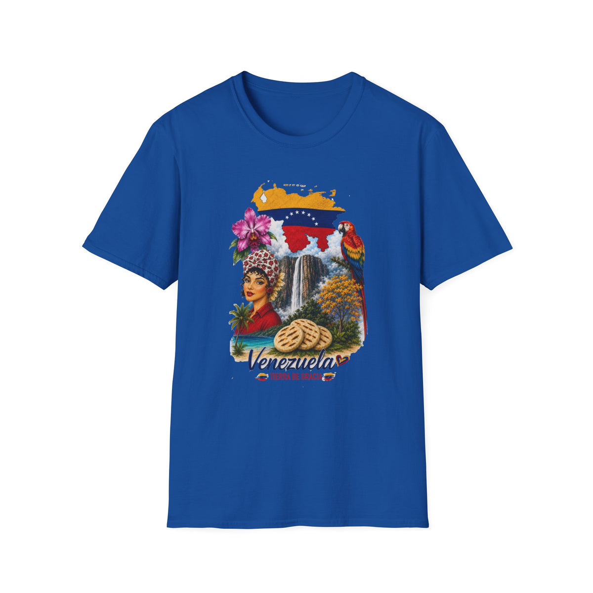 Camiseta vintage Gildan de Venezuela con diseño retro de arepa, Salto Ángel y flores