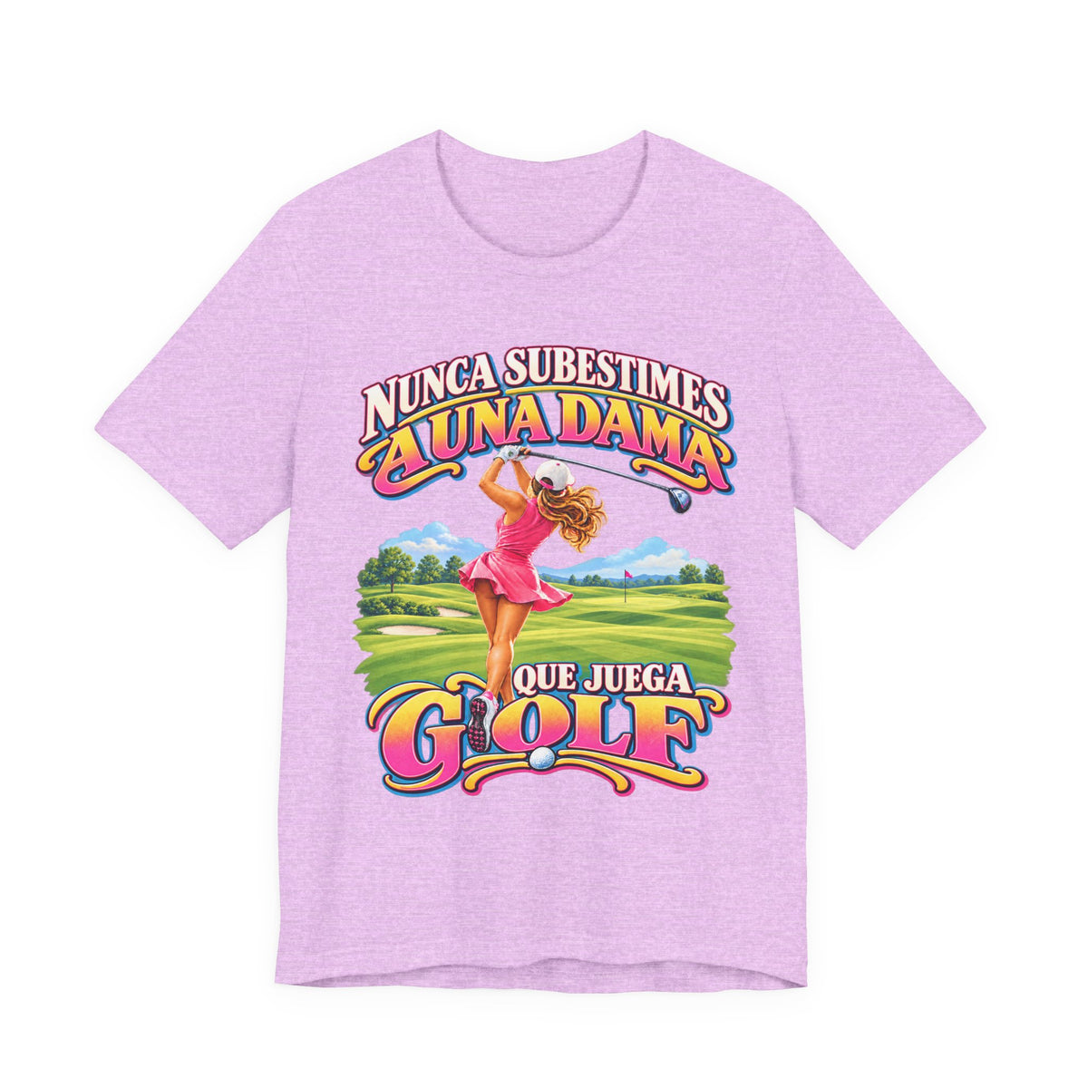 “Nunca Subestimes a Una Dama que Juega Golf” Colorful Ladies Bella+Canvas Golf T‑Shirt