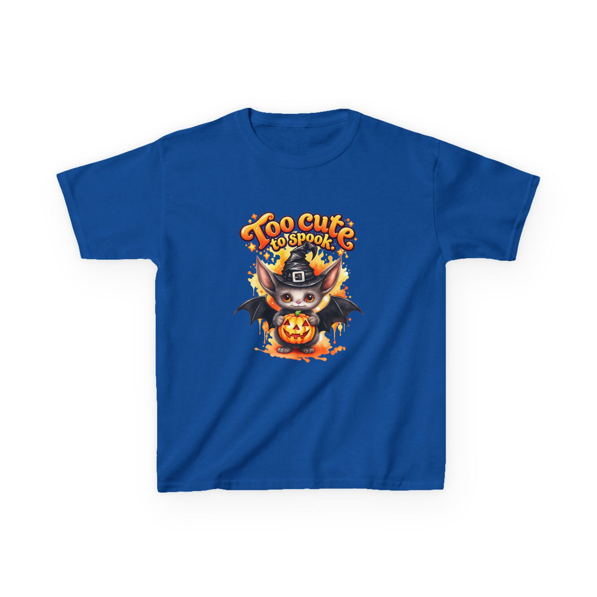 Camiseta infantil de Halloween — Diseño de murciélago y calabaza "Too Cute to Spook"