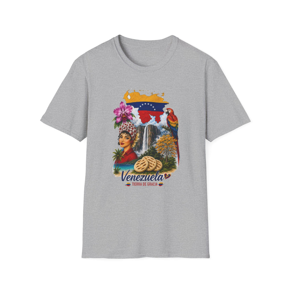 Camiseta vintage Gildan de Venezuela con diseño retro de arepa, Salto Ángel y flores