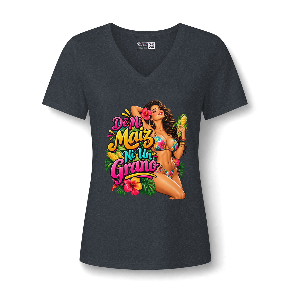 V-Neck T-Shirt — 'De Mi Maíz Ni Un Grano' Tropical Pin-Up Graphic