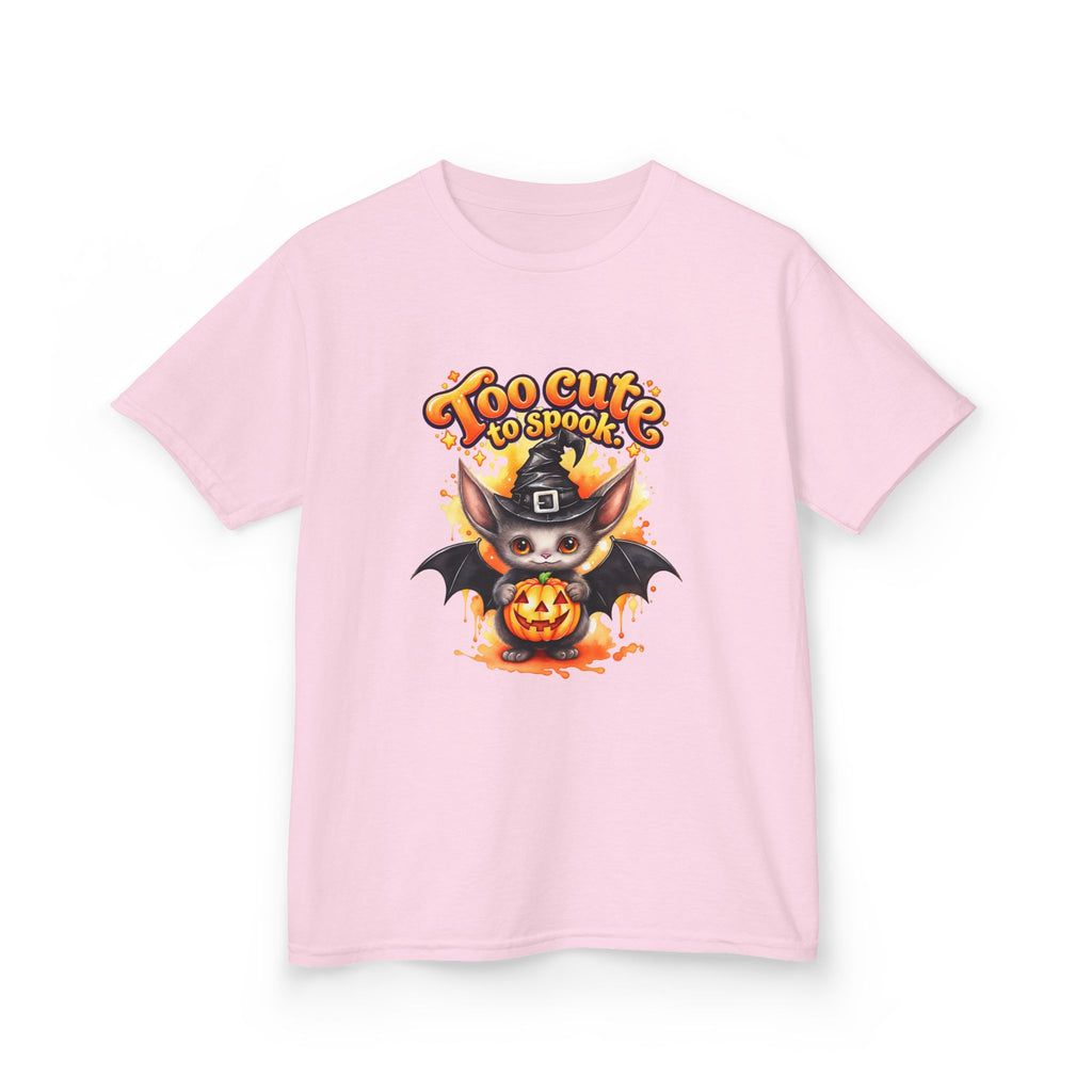 Camiseta infantil de Halloween — Diseño de murciélago y calabaza "Too Cute to Spook"