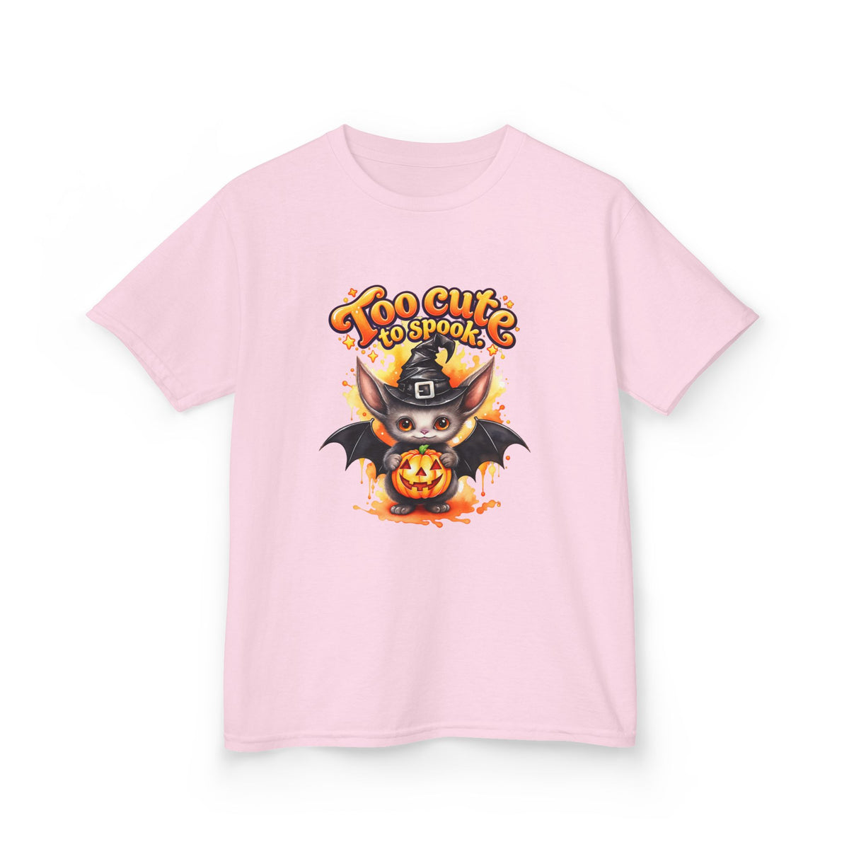 Camiseta infantil de Halloween — Diseño de murciélago y calabaza "Too Cute to Spook"