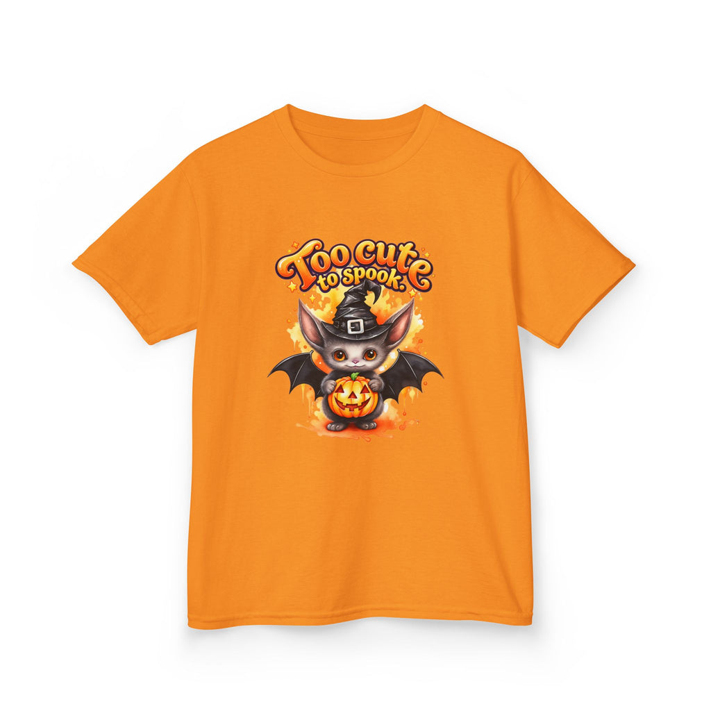 Camiseta infantil de Halloween — Diseño de murciélago y calabaza "Too Cute to Spook"