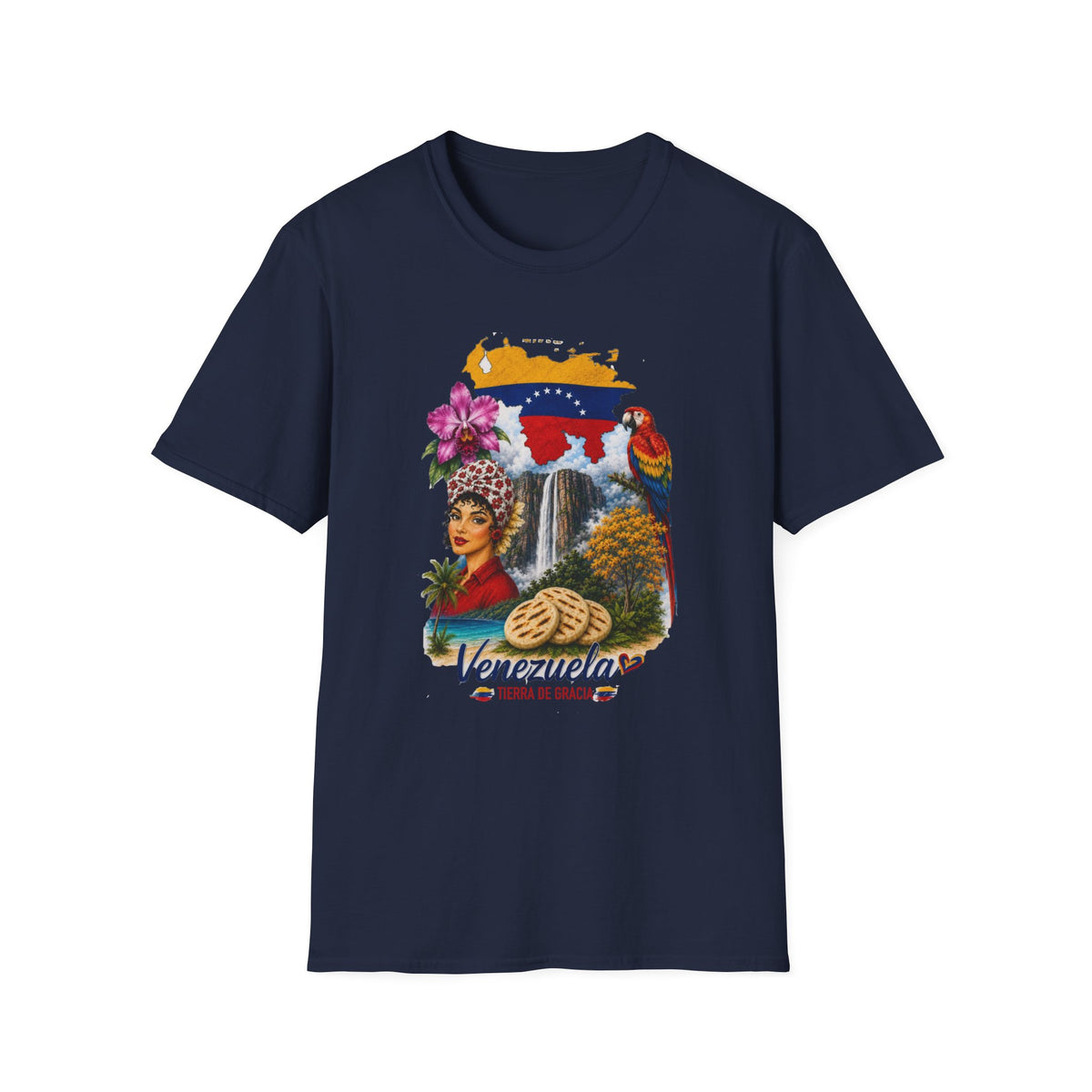 Camiseta vintage Gildan de Venezuela con diseño retro de arepa, Salto Ángel y flores