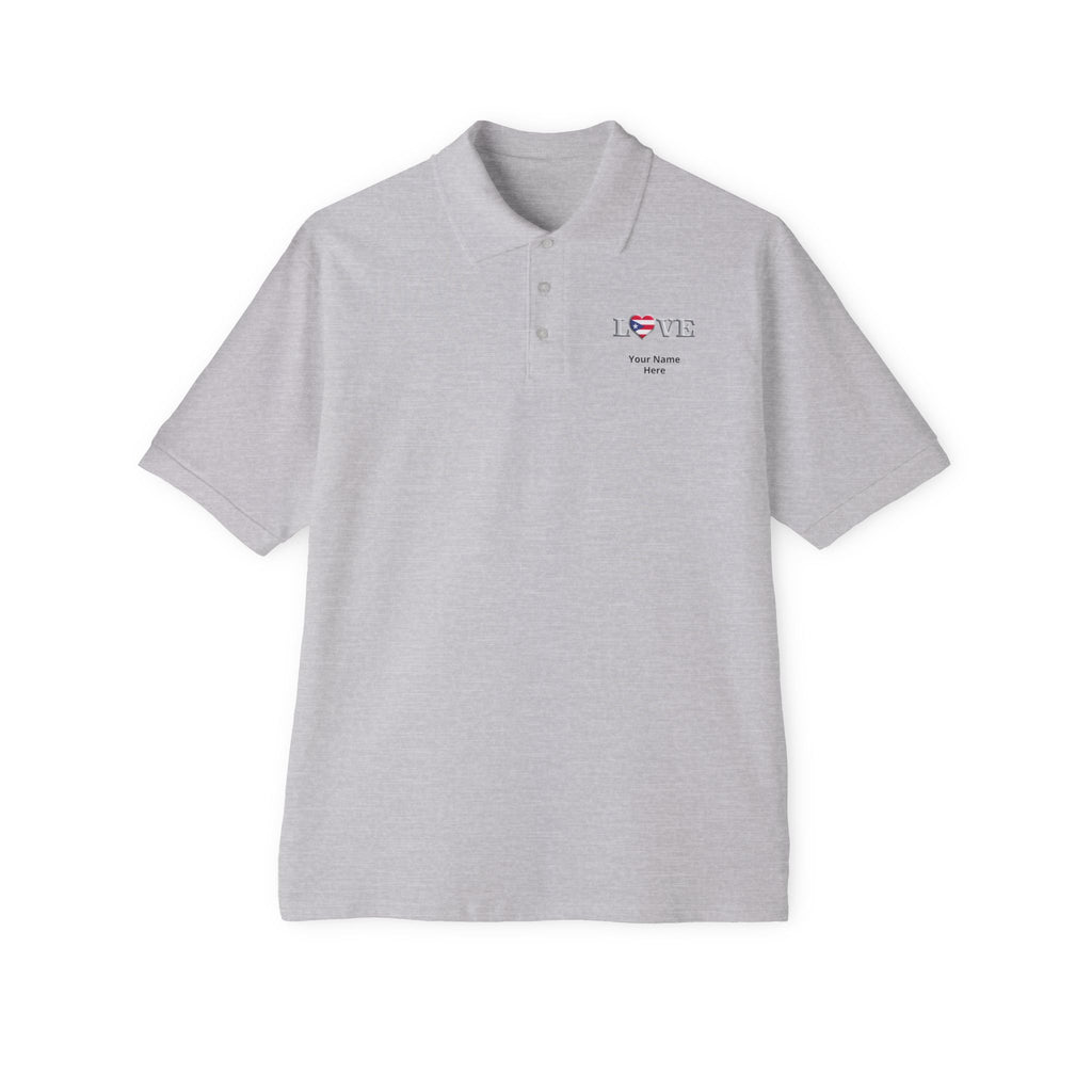 Men's Piqué Polo Shirt— Small Chest 'LOVE' Heart Graphic Polo Shirt