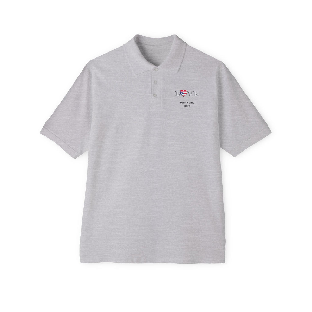 Men's Piqué Polo Shirt— Small Chest 'LOVE' Heart Graphic Polo Shirt