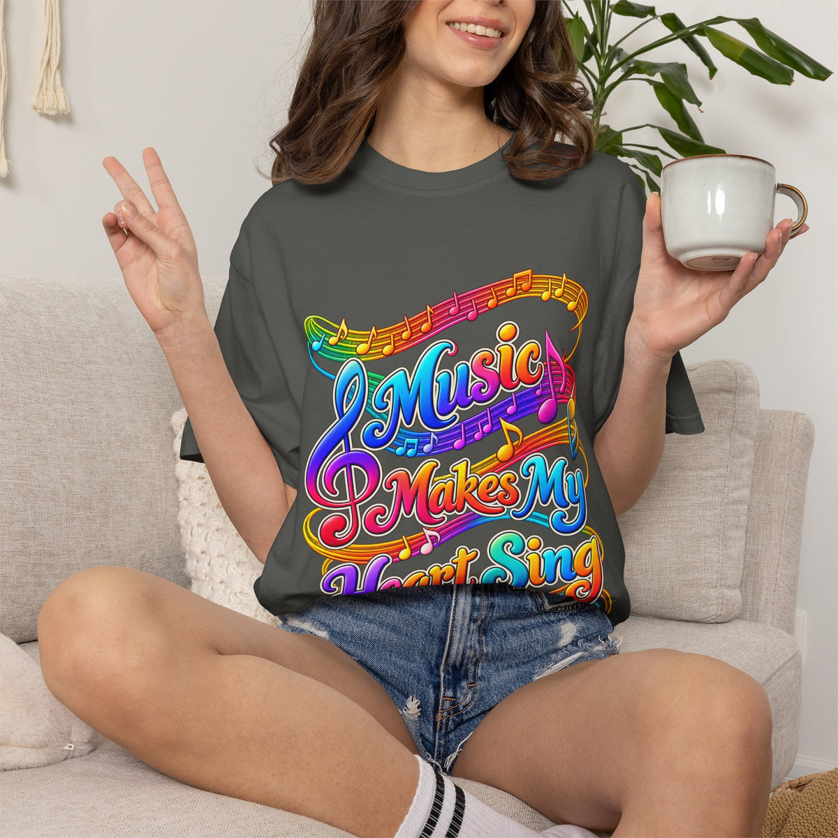 Music Makes My Heart Sing T-Shirt — Colorful Music Note Graphic Tee