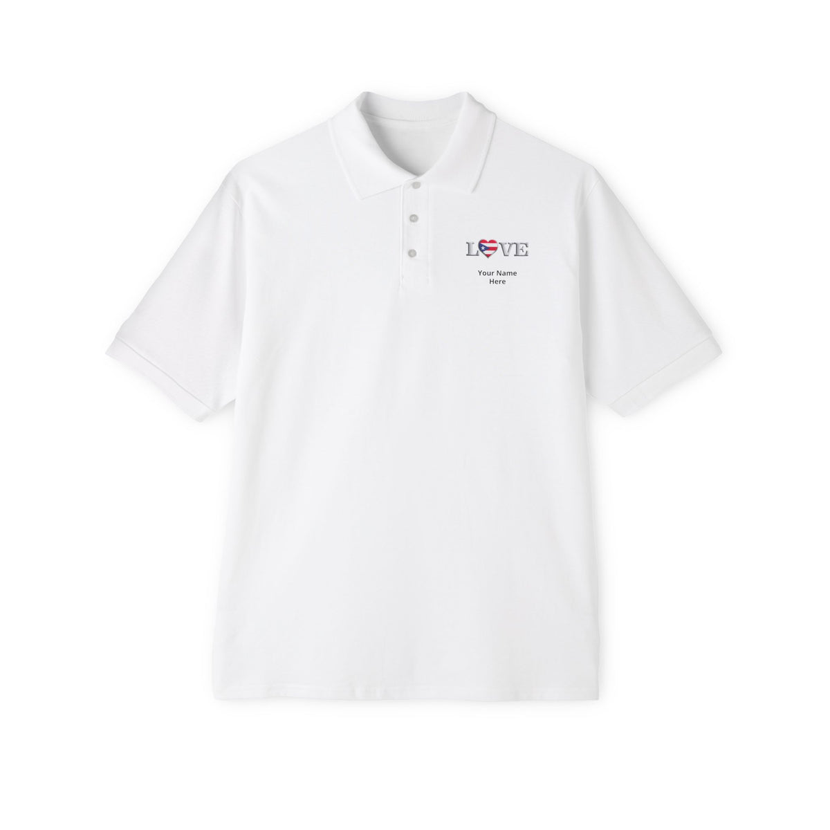 Men's Piqué Polo Shirt— Small Chest 'LOVE' Heart Graphic Polo Shirt