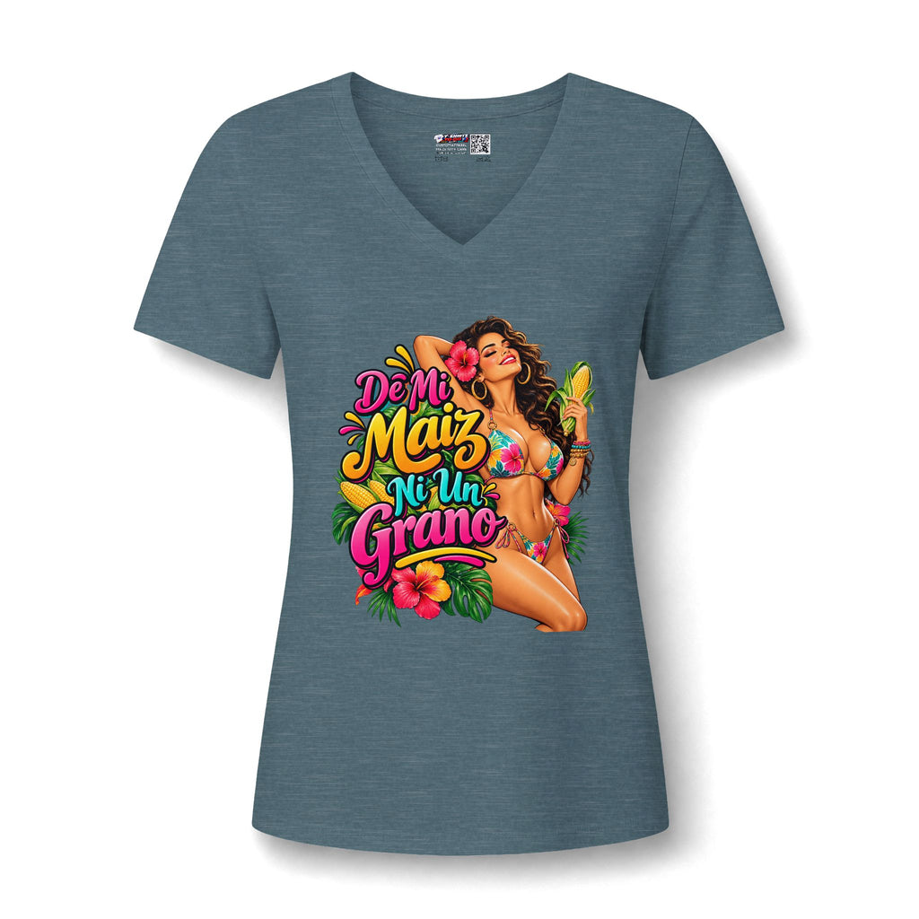 V-Neck T-Shirt — 'De Mi Maíz Ni Un Grano' Tropical Pin-Up Graphic