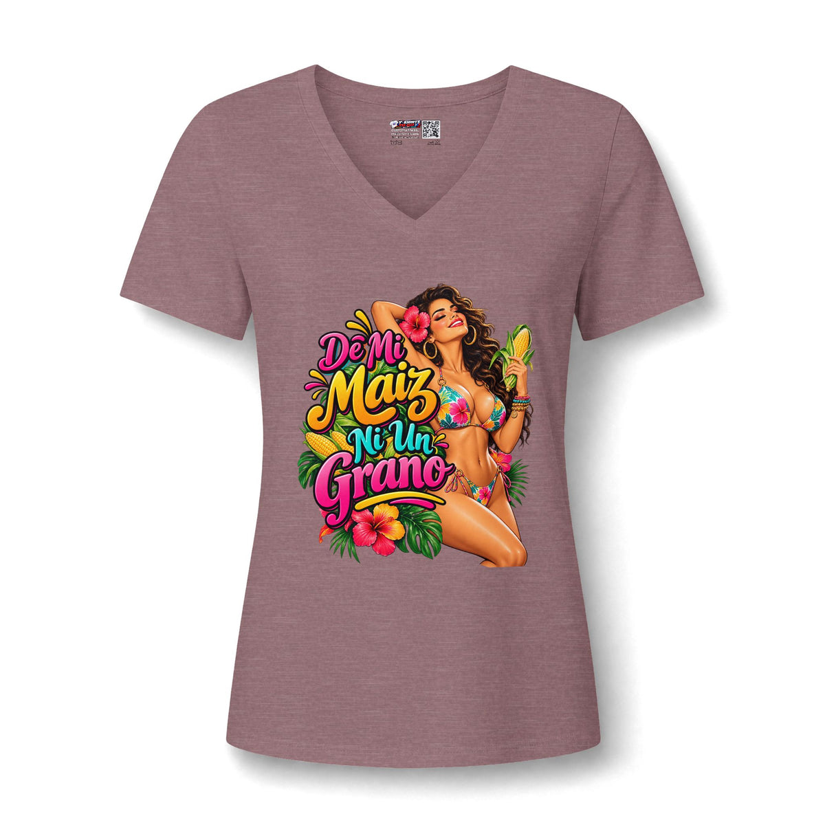 V-Neck T-Shirt — 'De Mi Maíz Ni Un Grano' Tropical Pin-Up Graphic