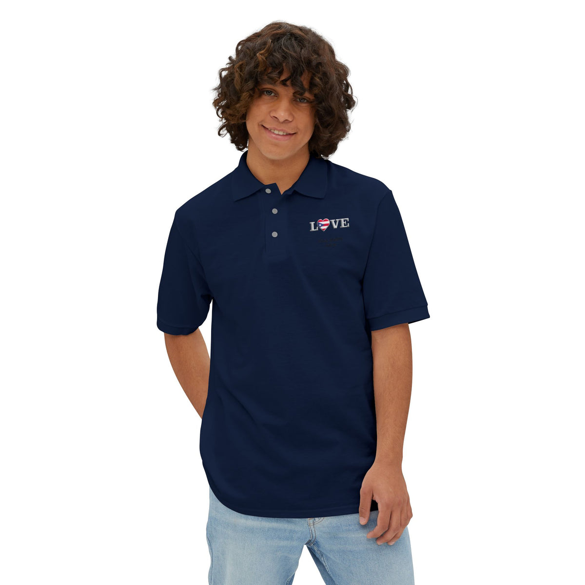 Men's Piqué Polo Shirt— Small Chest 'LOVE' Heart Graphic Polo Shirt