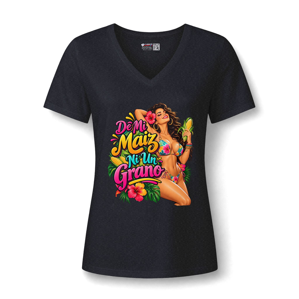 V-Neck T-Shirt — 'De Mi Maíz Ni Un Grano' Tropical Pin-Up Graphic