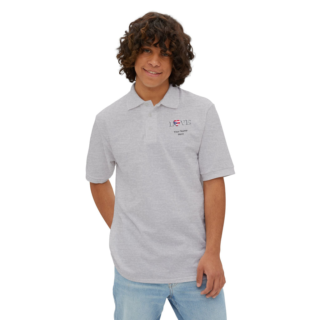 Men's Piqué Polo Shirt— Small Chest 'LOVE' Heart Graphic Polo Shirt