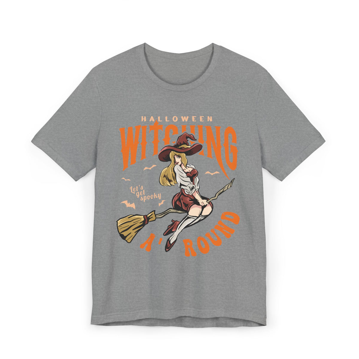 Witching Around Halloween T‑Shirt — Vintage Pinup Witch on Broom