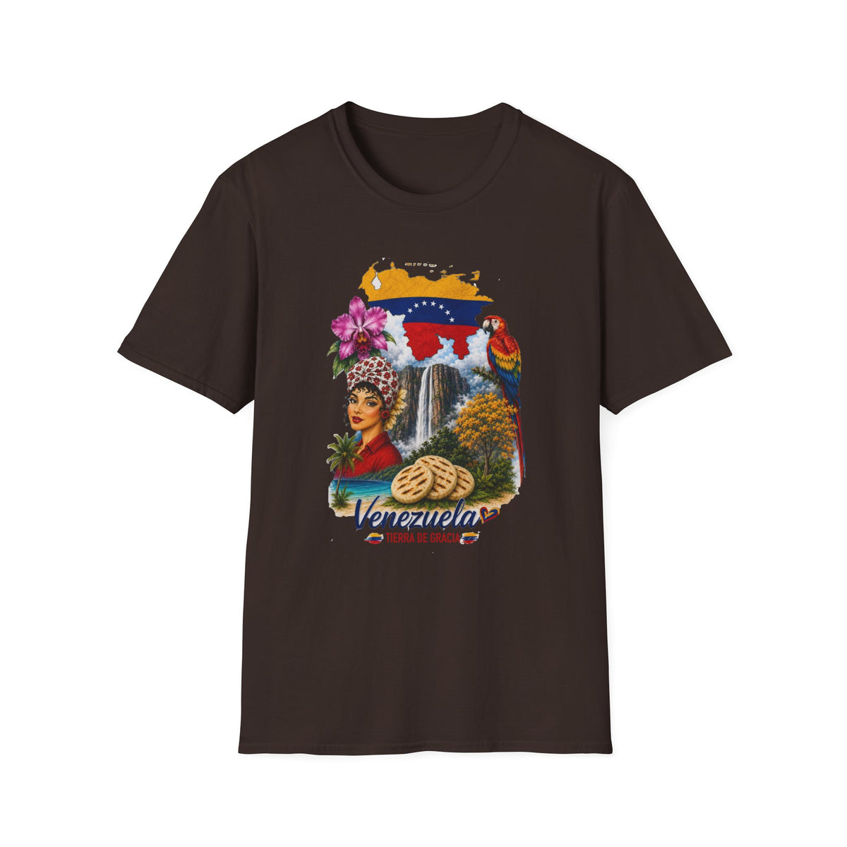 Camiseta vintage de viaje de Venezuela: Arepa, Salto Ángel y diseño floral retro
