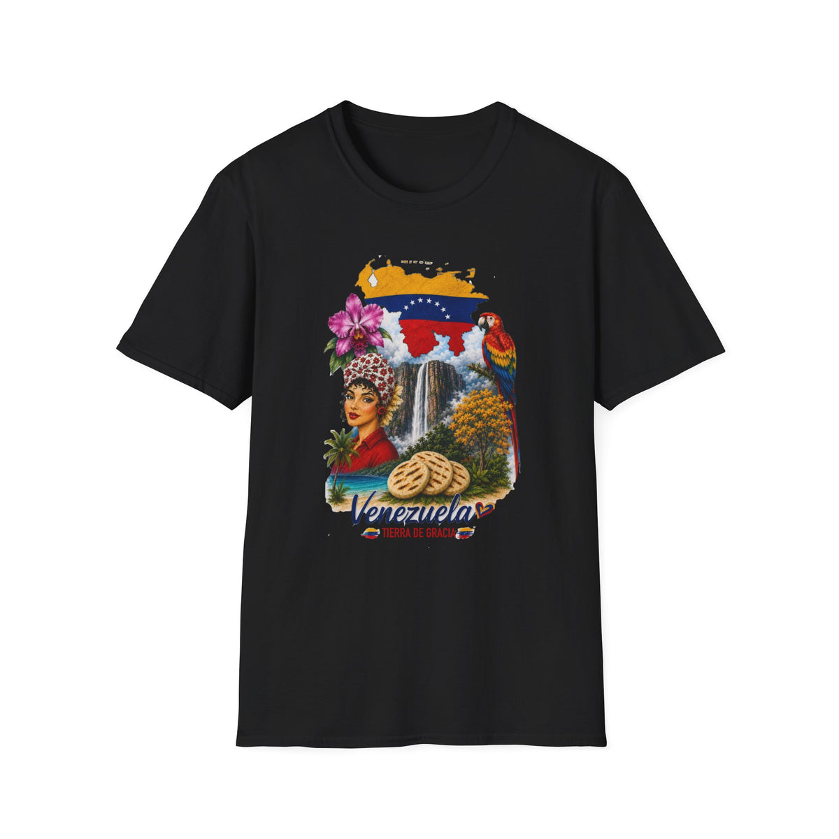 Camiseta vintage Gildan de Venezuela con diseño retro de arepa, Salto Ángel y flores