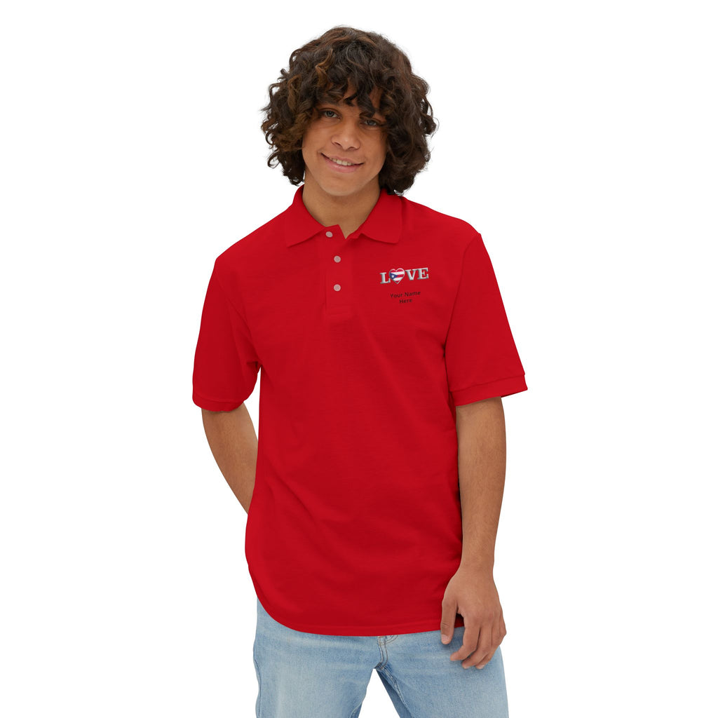 Men's Piqué Polo Shirt— Small Chest 'LOVE' Heart Graphic Polo Shirt