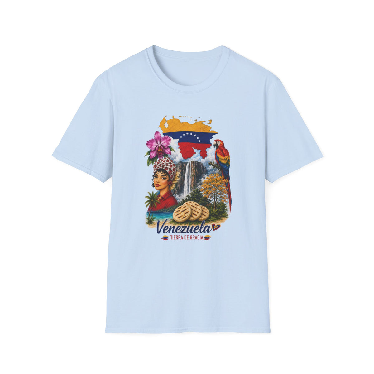 Camiseta vintage Gildan de Venezuela con diseño retro de arepa, Salto Ángel y flores