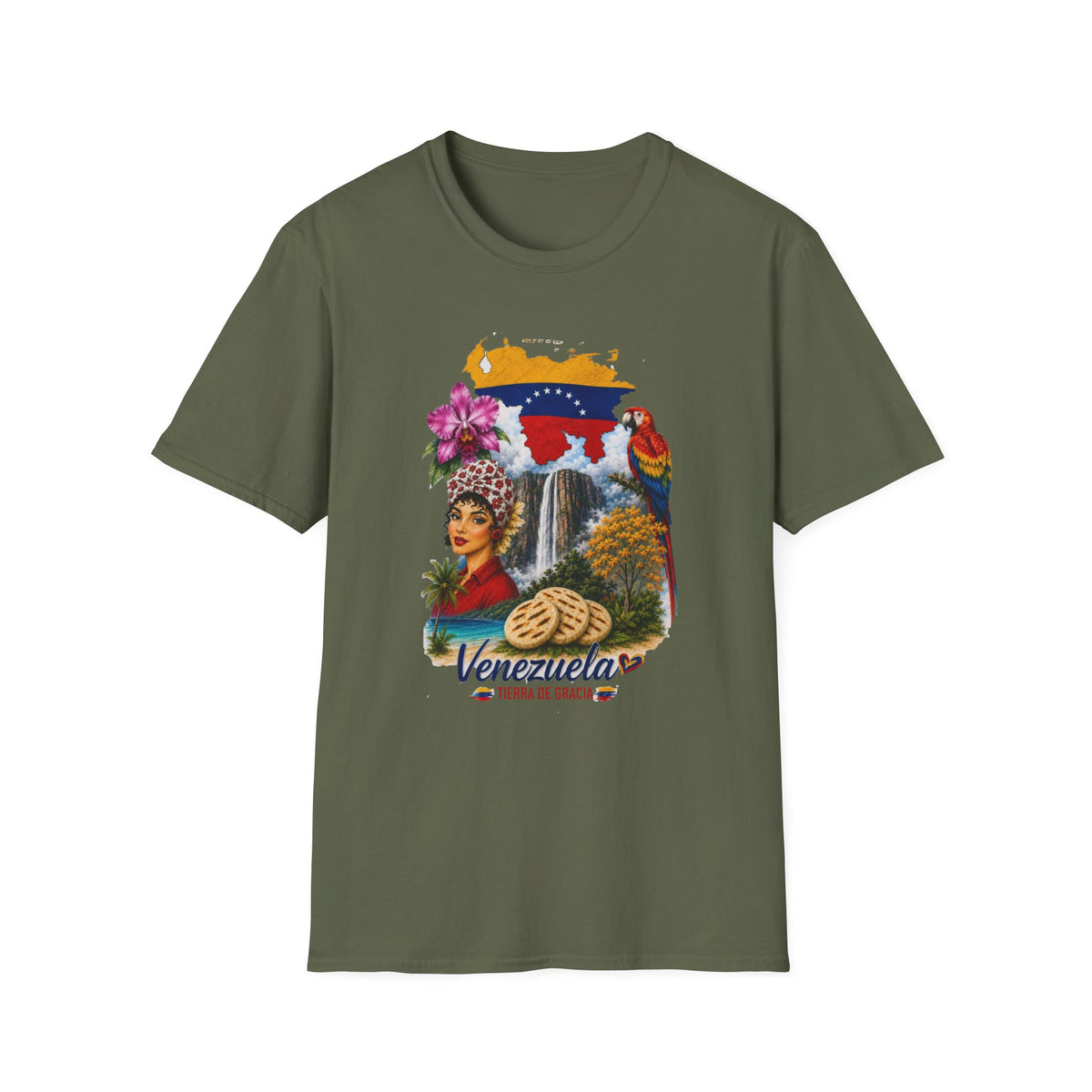Camiseta vintage Gildan de Venezuela con diseño retro de arepa, Salto Ángel y flores