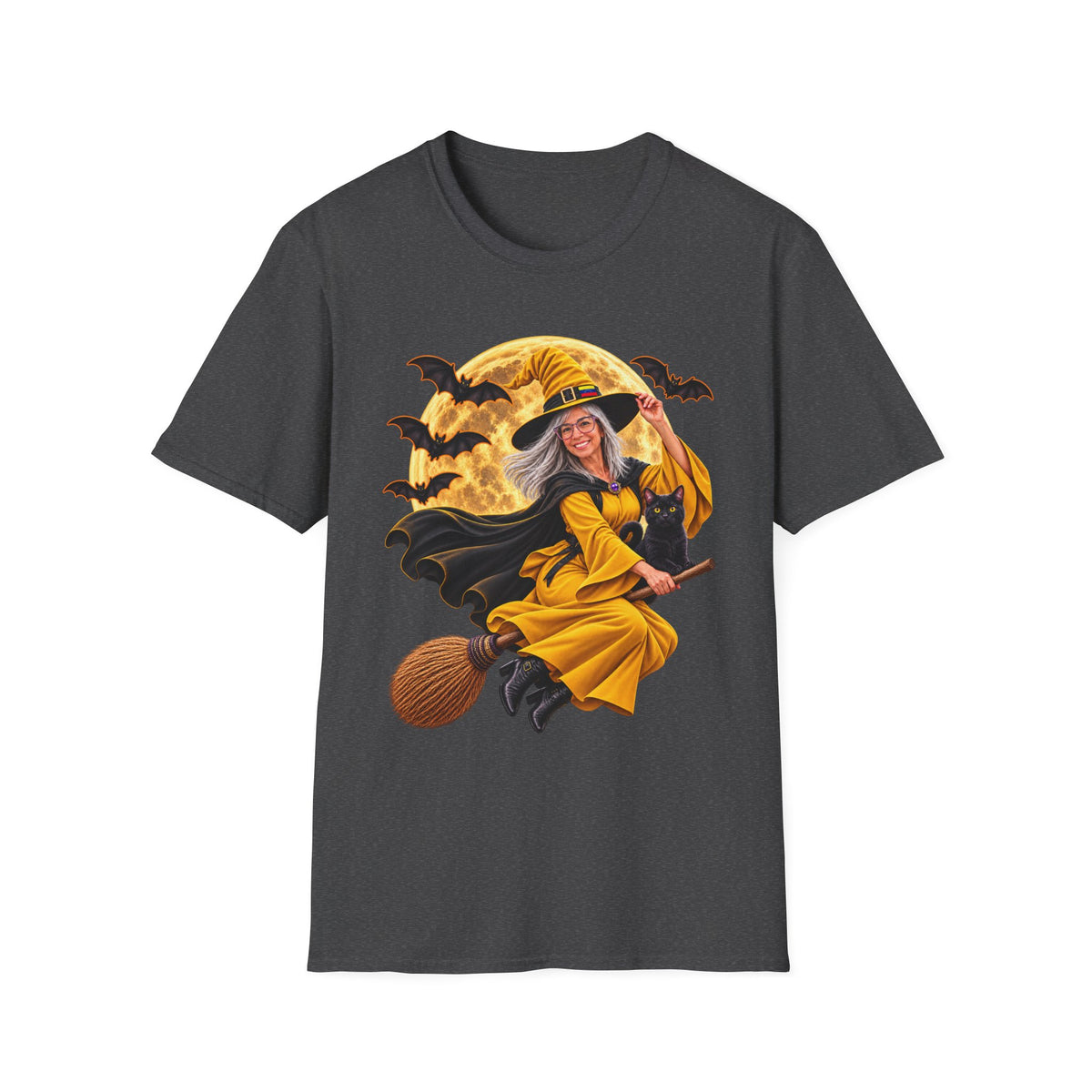 Halloween Flying Witch on Broom with Full Moon & Bats Gildan T-Shirt