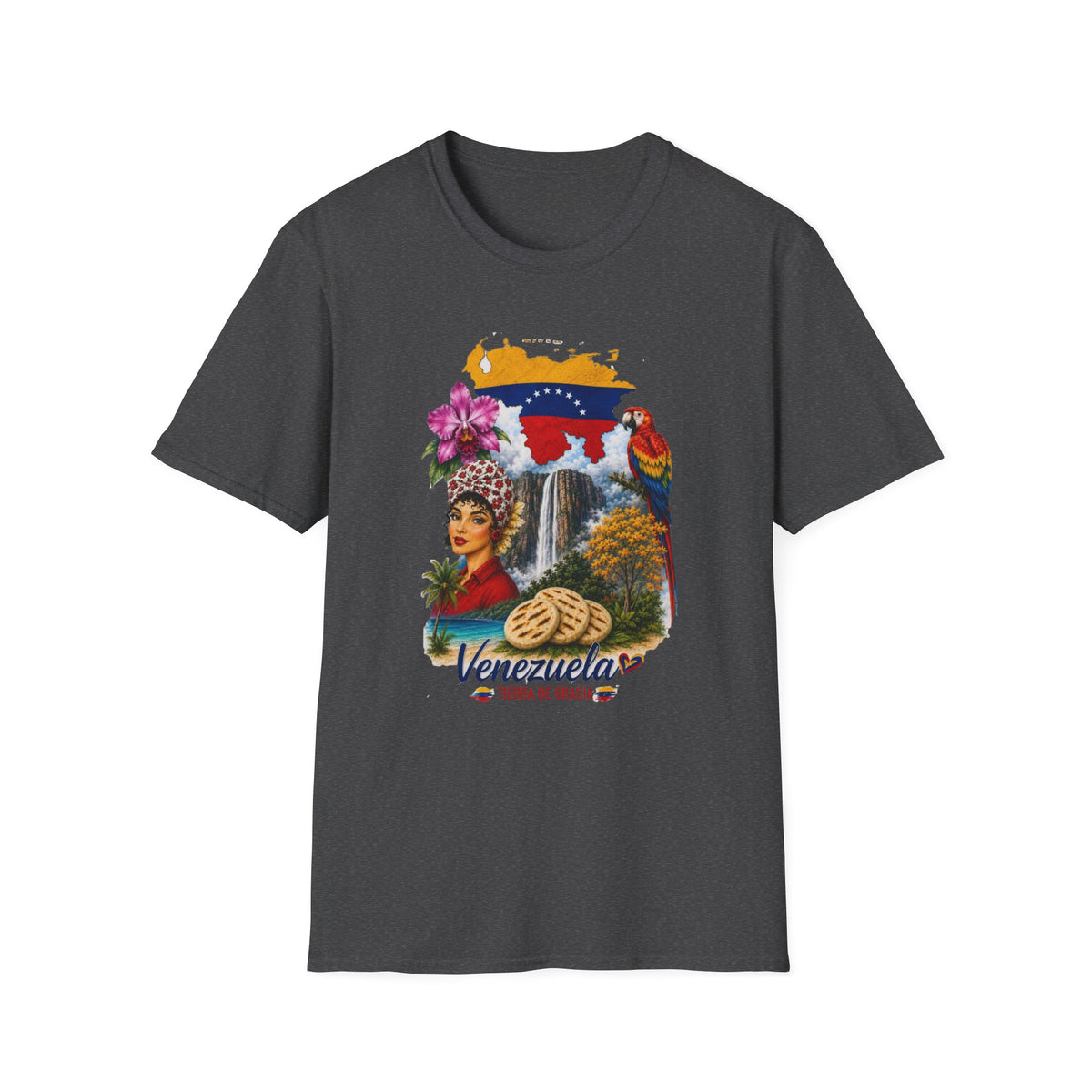 Camiseta vintage Gildan de Venezuela con diseño retro de arepa, Salto Ángel y flores