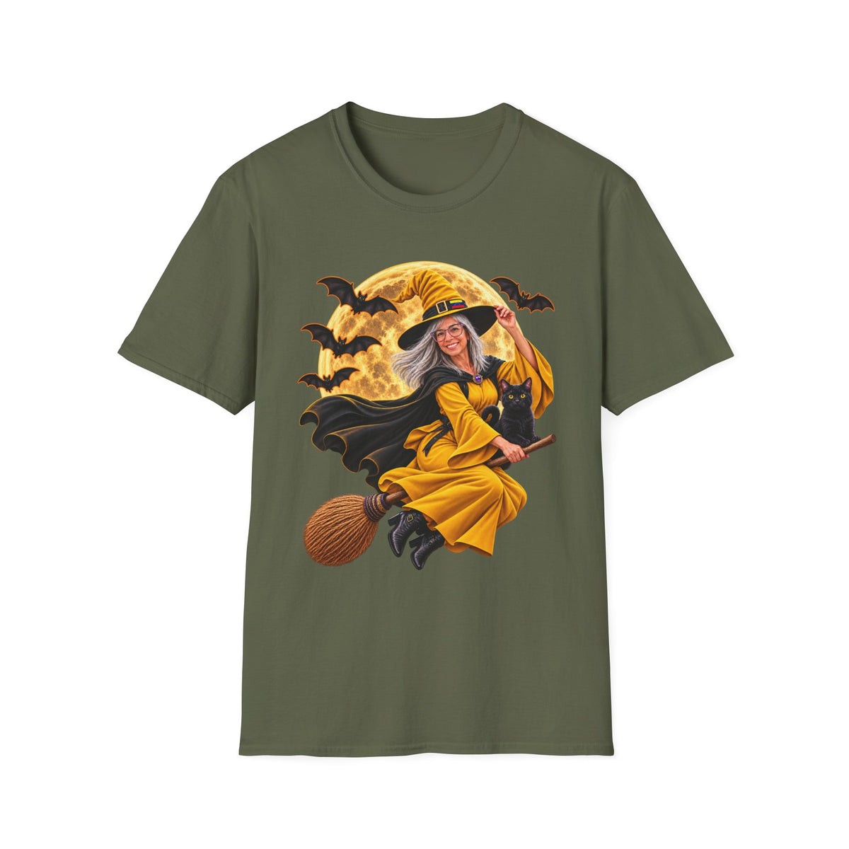 Halloween Flying Witch on Broom with Full Moon & Bats Gildan T-Shirt