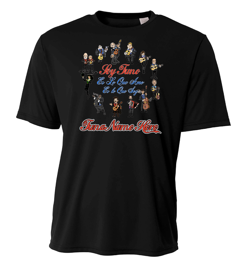 A black short-sleeve crewneck t-shirt featuring a colorful graphic print of various cartoon guitar players and the text 'My Tune Is In Your Hand' and 'Tuna Nano Key' on a white background.
