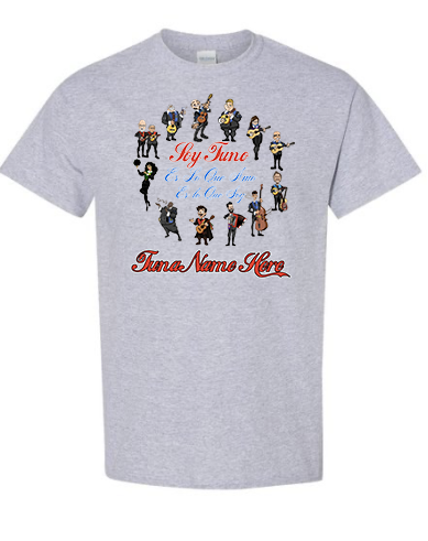 A heather gray short-sleeve t-shirt with a colorful graphic print of cartoon band members and text reading 'My Tune' and 'Tune Name Here'.